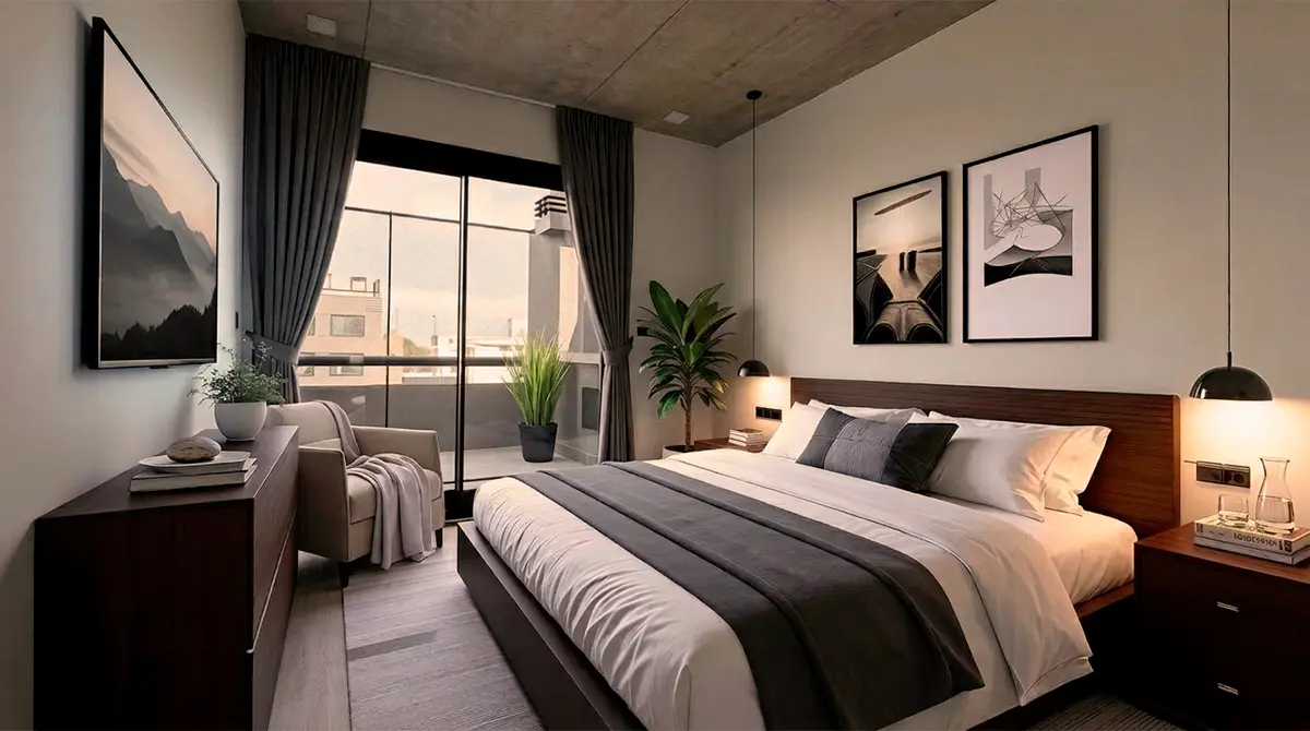 Dormitorio con ambientación sugerida