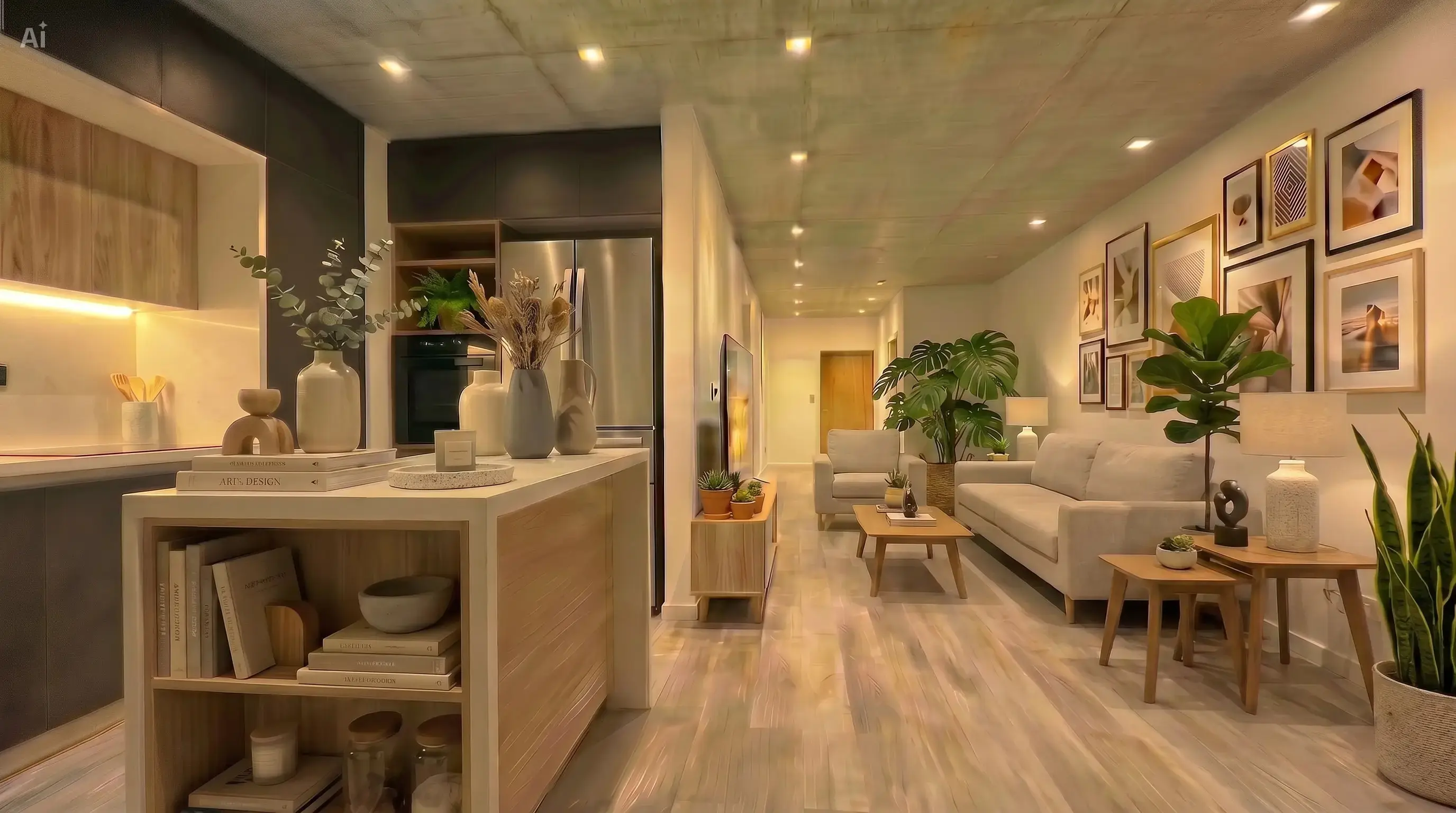 Cocina con isla y living al fondo — ambientación sugerida