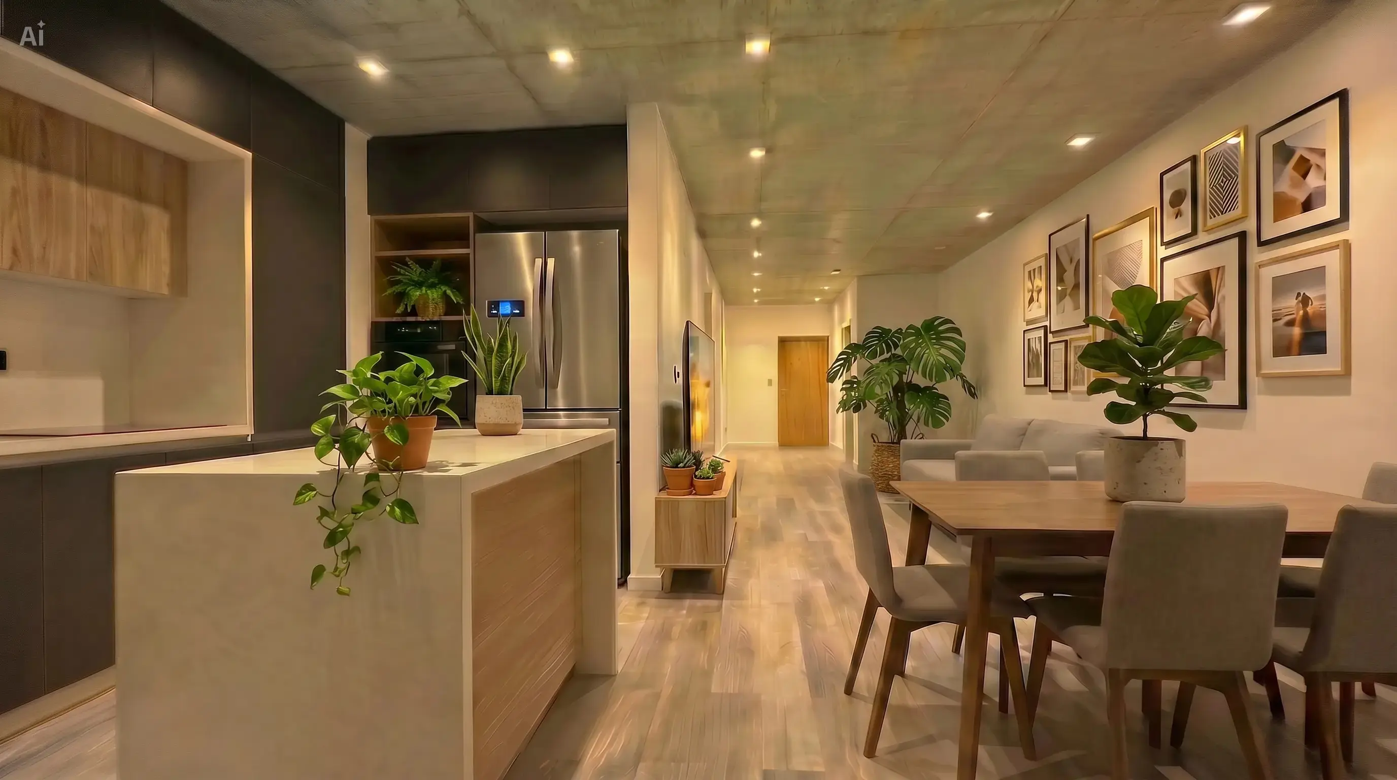 Living-comedor-cocina con ambientación sugerida